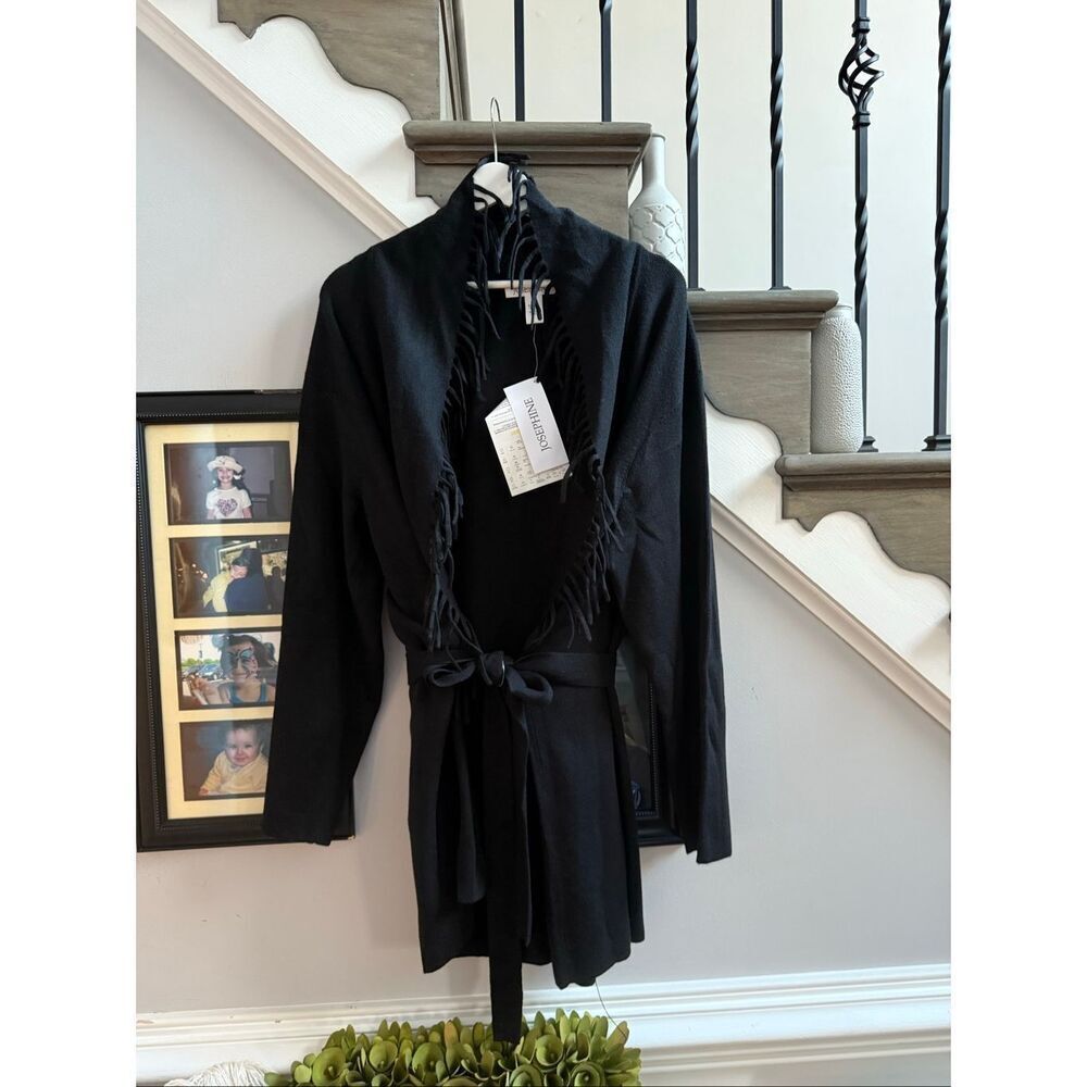 Josephine QVC Black Fringe Belt Tie Cardigan Sweater sz 2X NWT Wool Acrylic